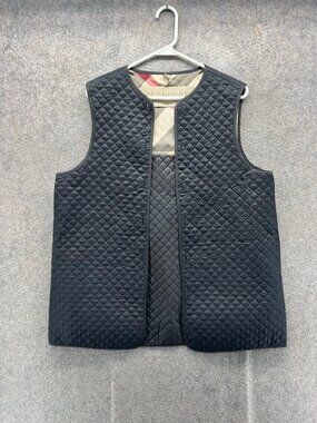 Burberry Brit Vest Women 12 Black Quilted Open Classic Nova Check Sleeveless